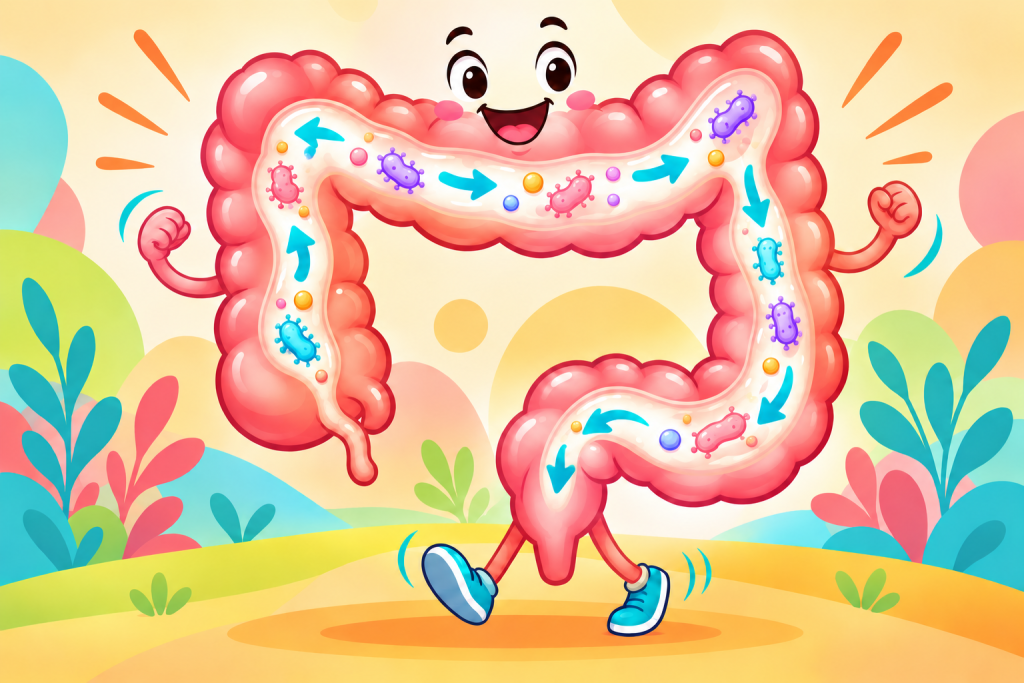 Happy pink cartoon large intestine with colorful gut bacteria and arrows demonstrating movement through the colon.