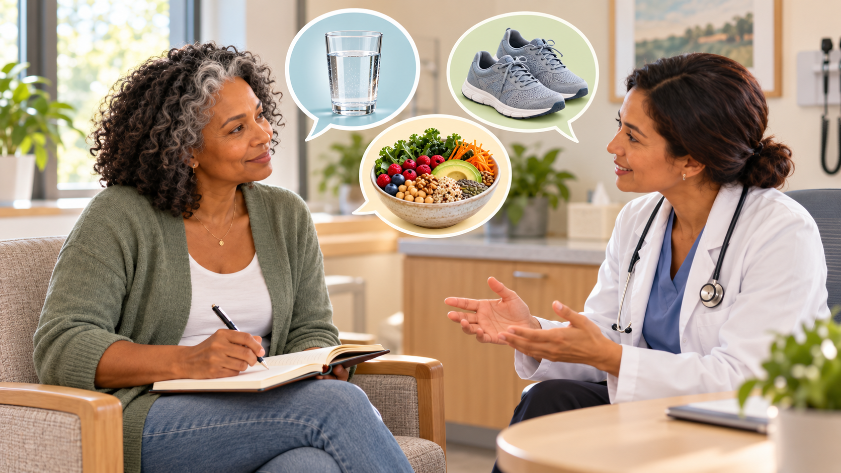 A patient takes notes while discussing constipation with a helpful doctor, with conversation bubbles showing water, walking shoes, and fiber-rich foods.