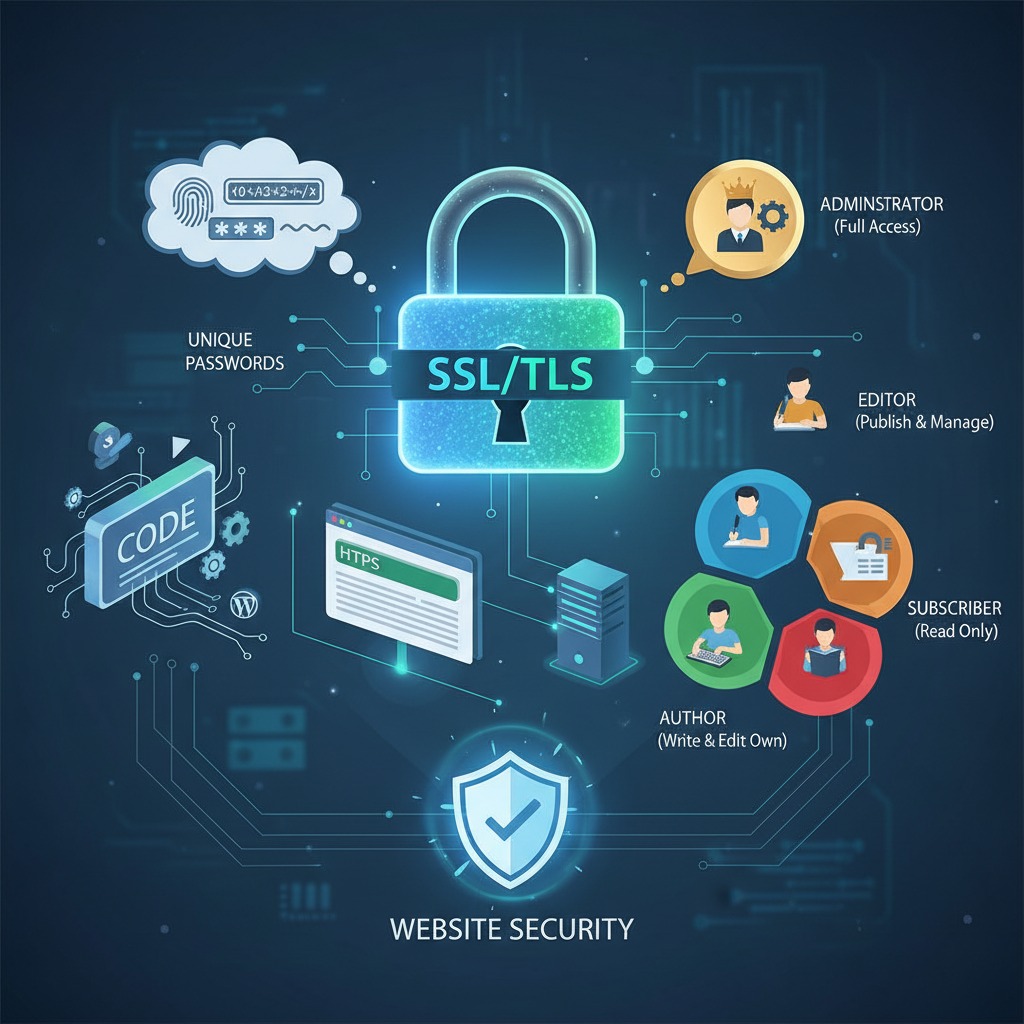 An infographic illustrates website security features with a central SSL/TLS padlock surrounded by icons for unique passwords, code, secure HTTPS browsing, user roles, and a website security shield.